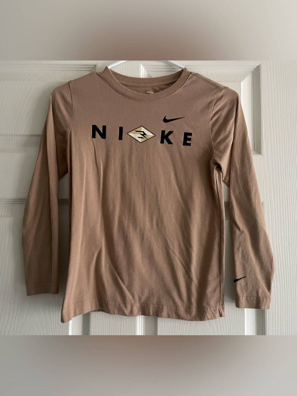 Nike Boy’s Long-Sleeve Crewneck Shirt — Light Brown/ Beige with Black Logo
